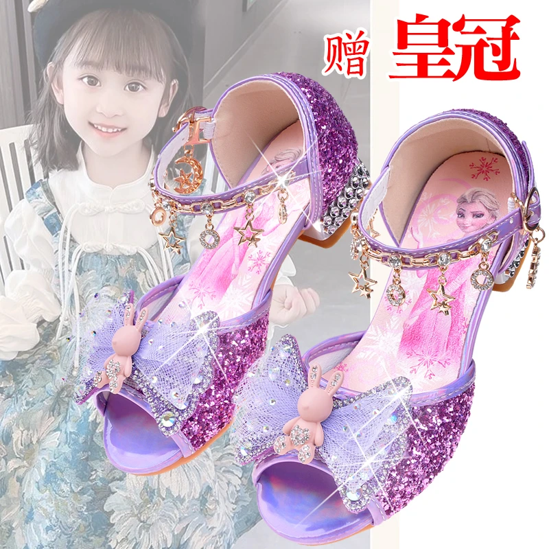 女童凉鞋唱歌高跟鞋晚礼服搭配穿儿童闪亮时尚纱裙小女孩水晶鞋子