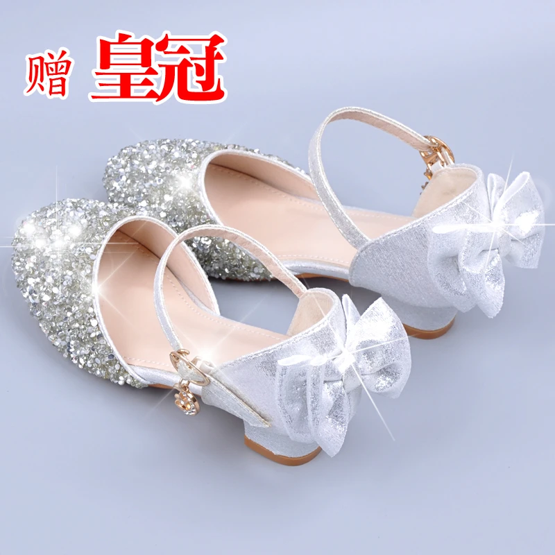 银色亮片儿童鞋女童皮鞋小高跟高跟鞋孩子的公主鞋中大童女童凉鞋