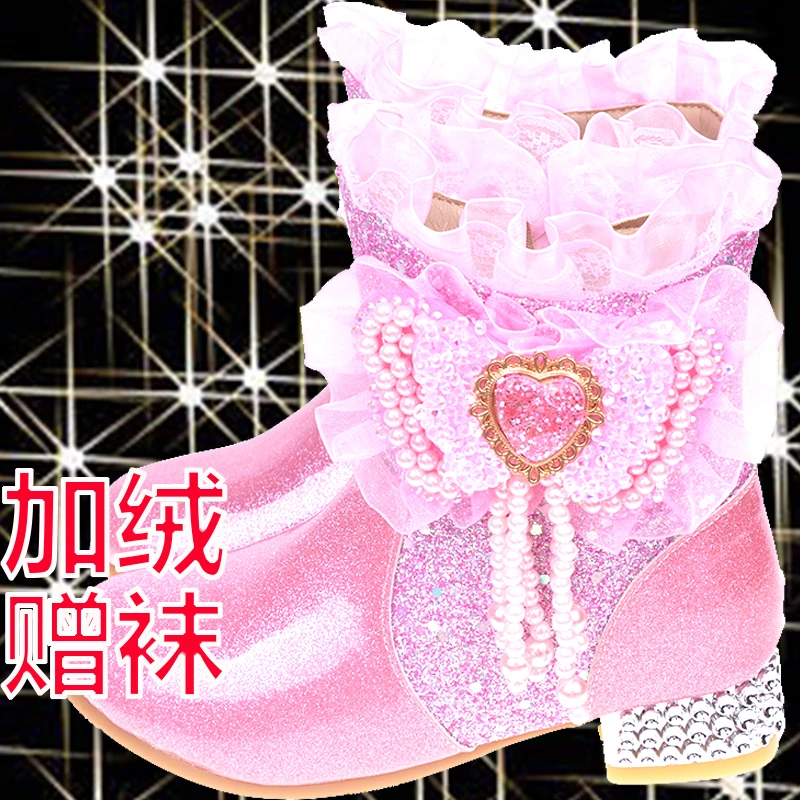 3-11岁女宝冬季新款靴子高跟靴加绒加厚时尚短筒靴儿童粉色时装靴