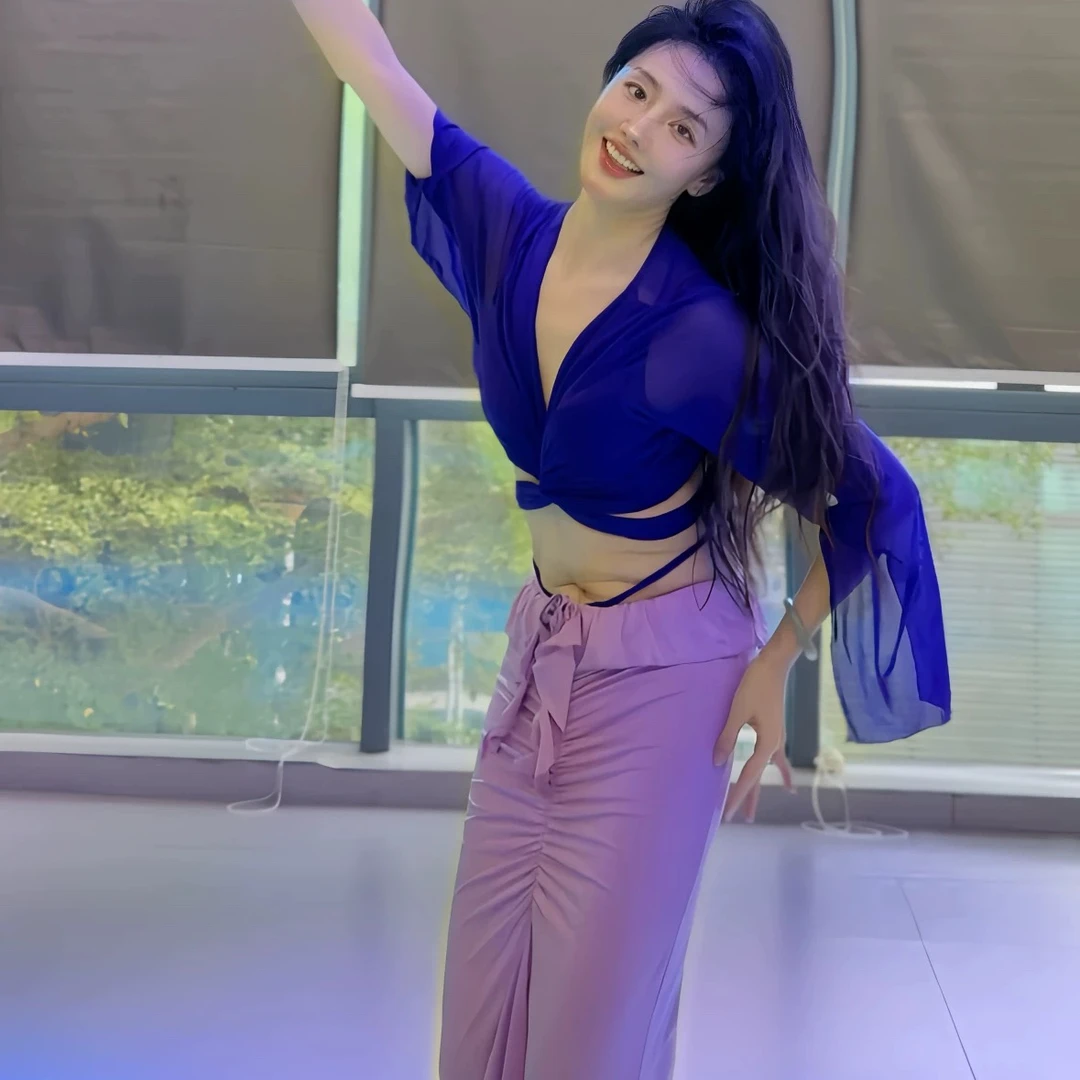 悦梦风璐新款肚皮舞服套装女飘逸网纱上衣现代舞蹈长裙大码初学者