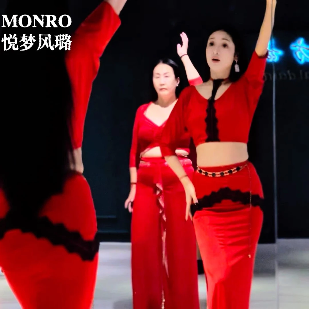 悦梦风璐新品肚皮舞服红色蕾丝性感纯欲班服推荐高级优雅蕾丝套装