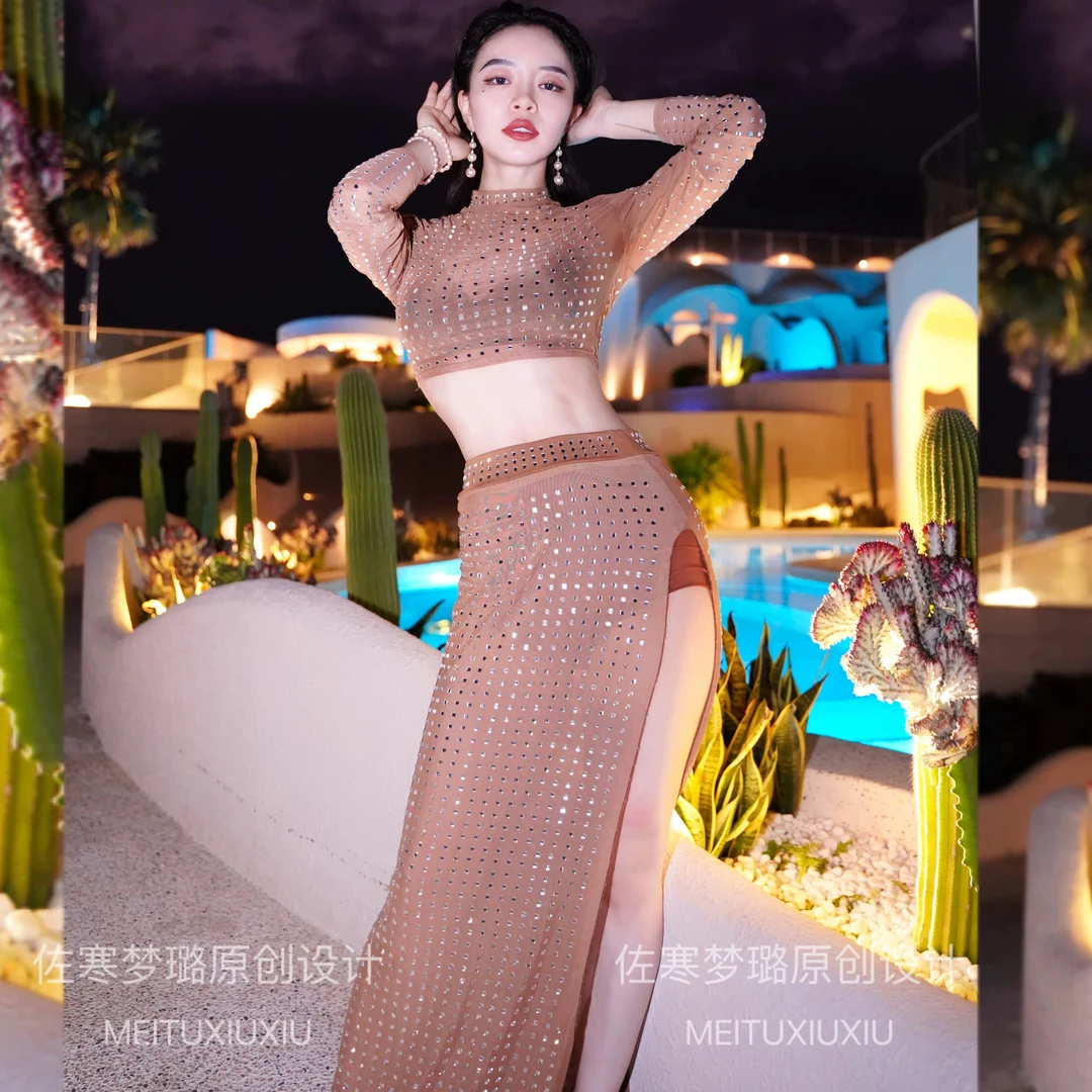 佐寒梦璐肚皮舞设计套装长裙满钻重工高级演出服班服宁佐寒同款