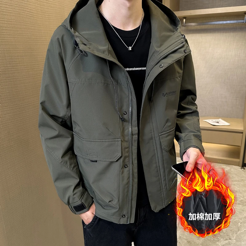 高品质2024秋冬季男士户外工装连帽冲锋衣外套加棉加厚青年夹克