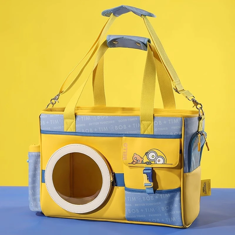 Hoopet宠物小黄人系列侧窗皮革背包布偶猫外出便捷透气宠物手提包