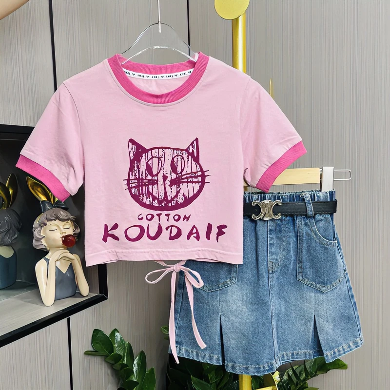女童套装2024新款夏季猫咪T恤牛仔裙两件套洋气儿童印花韩版卡通T