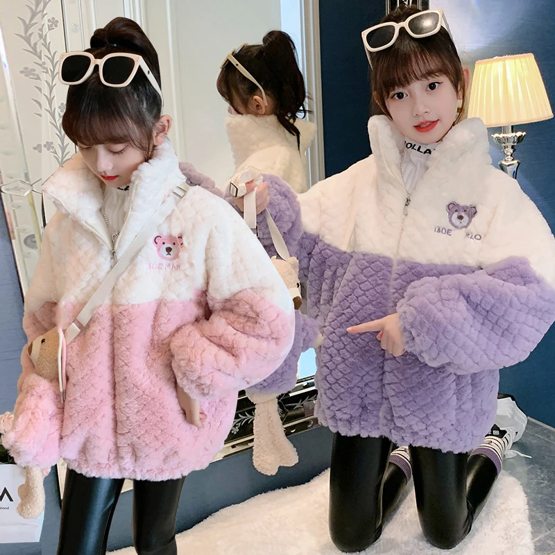 童装女童外套冬季新款可爱中大童小熊加厚外衣潮加厚毛毛衣无抽绳