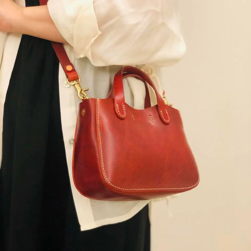【手工小红】知女爱包包 高油脂手提包小众红色真皮复古斜挎包