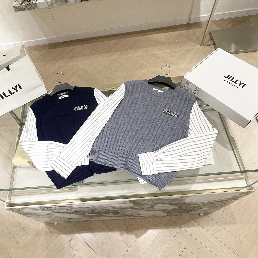 【JILLYI 维也纳之夜】拼接假两件针织上衣女士时尚百搭长袖拼色