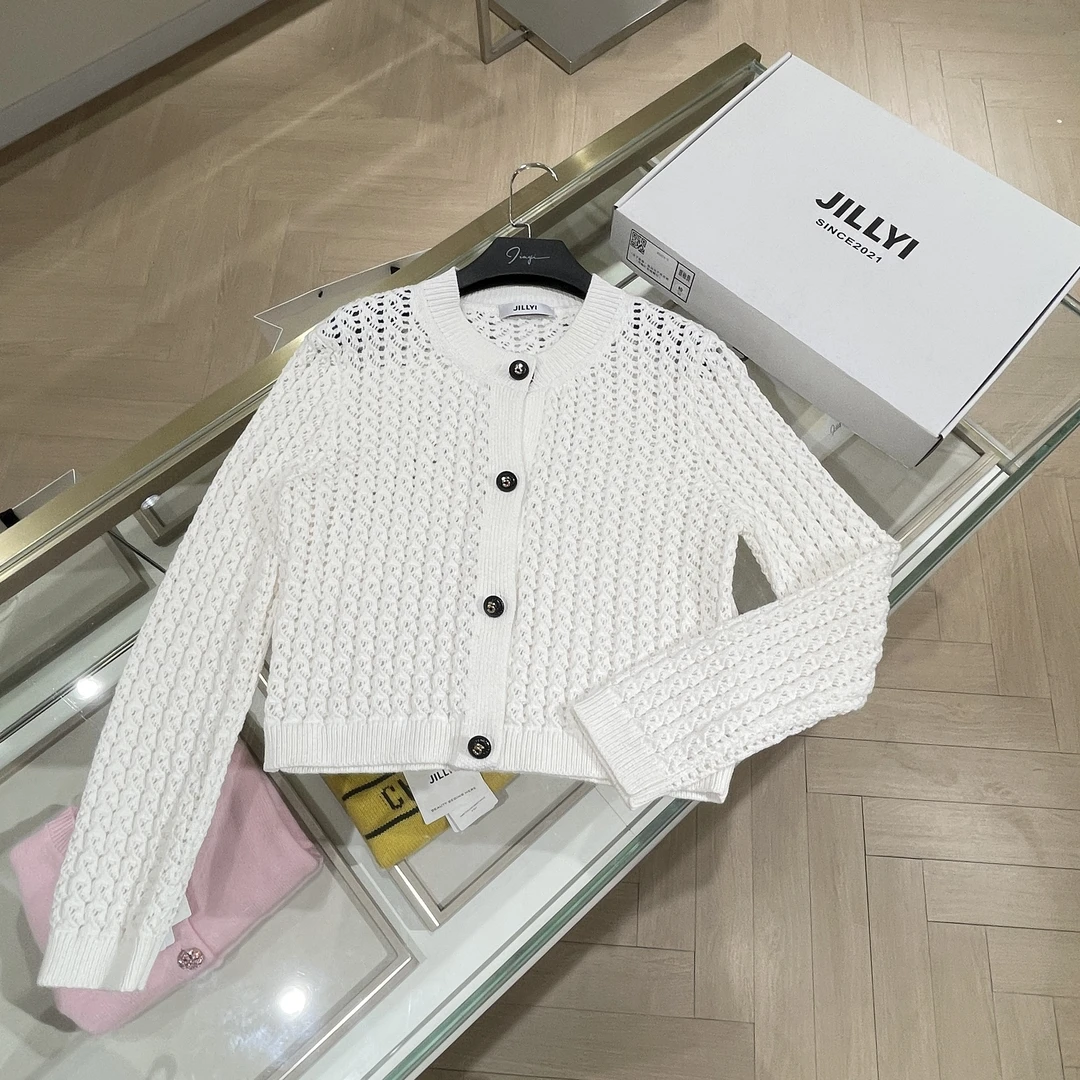 JILLYI珠海店【复古香香】两色镂空休闲针织开衫秋冬小香风长袖时尚