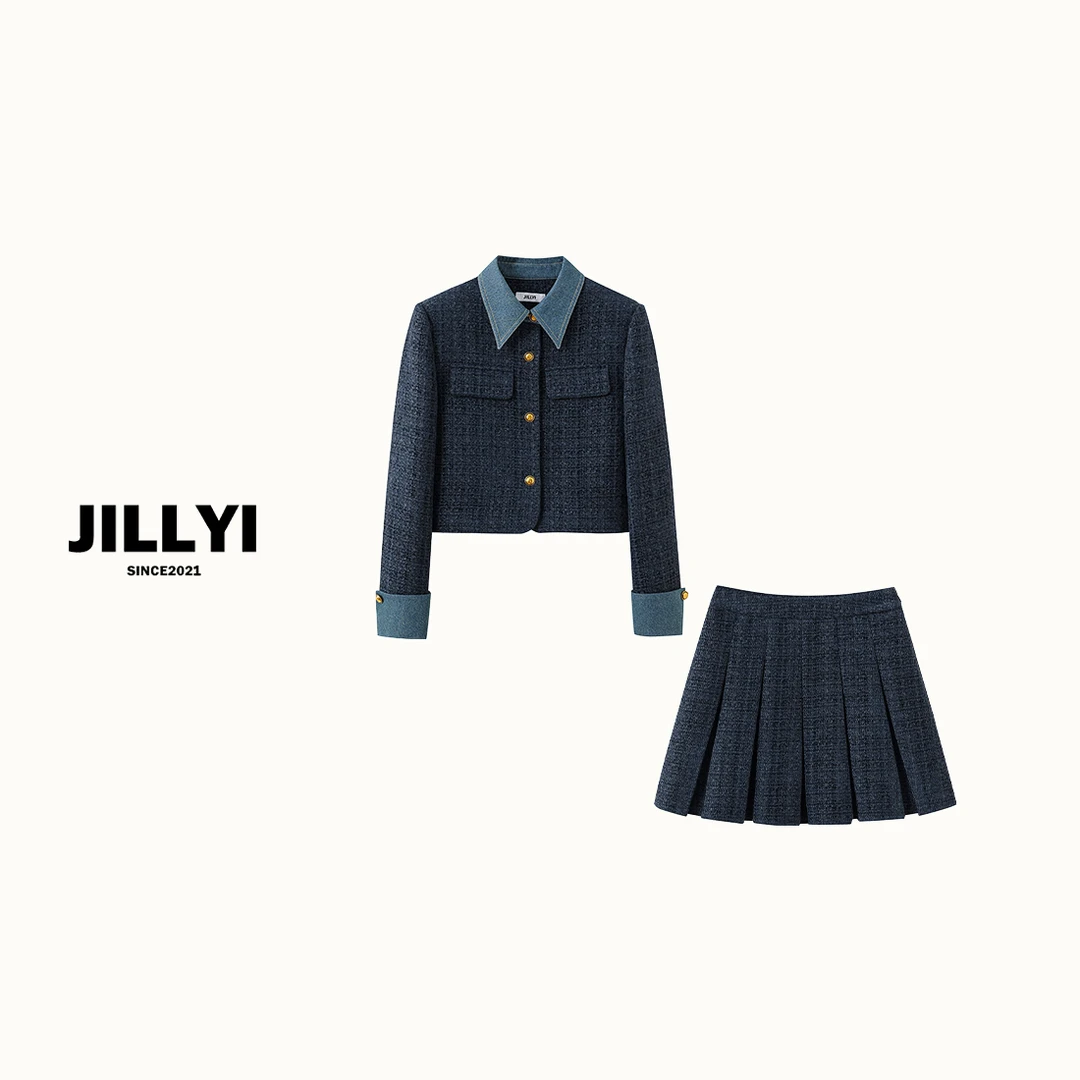 jillyi【蓝调灵感】牛仔蓝单排金色扣外套+纯色简约百褶裙时尚套装