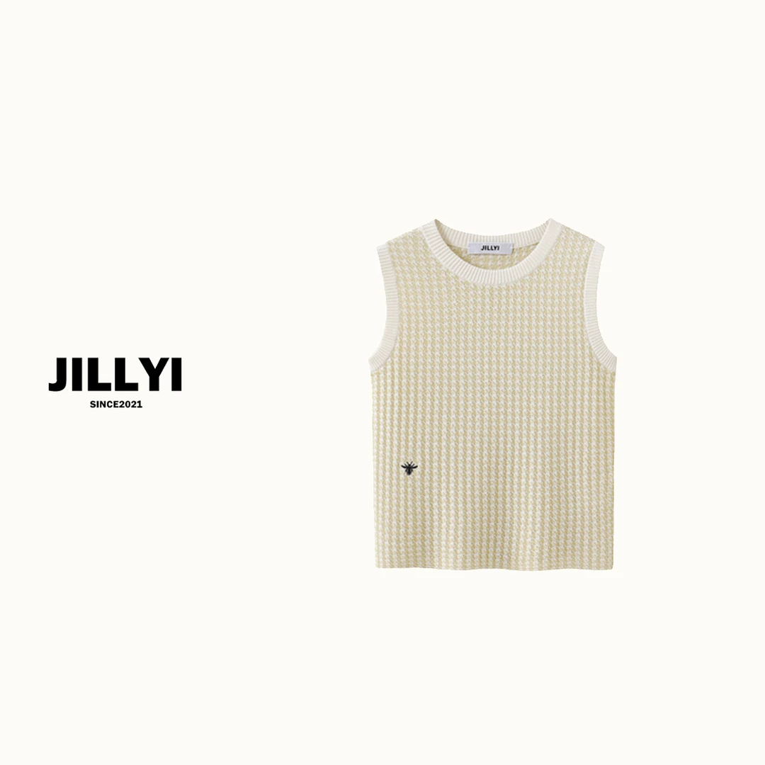 jillyi【鎏金蜜蜂】金色千鸟格金线提花针织上衣时尚夏季格子无袖