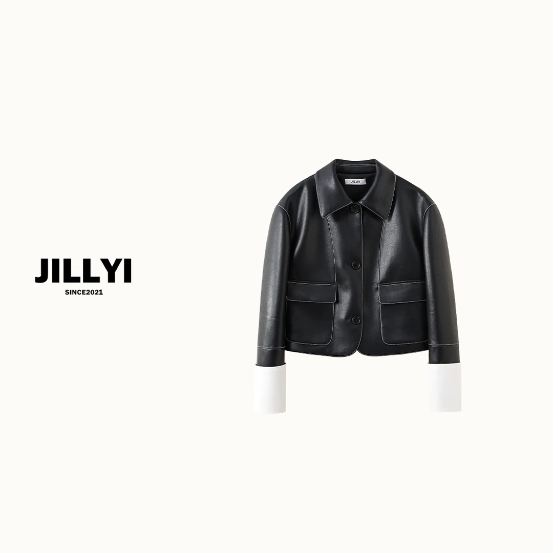JILLYI珠海店【罗罗皮衣】黑色三粒扣短款袖口白色拼接时尚休闲夹克