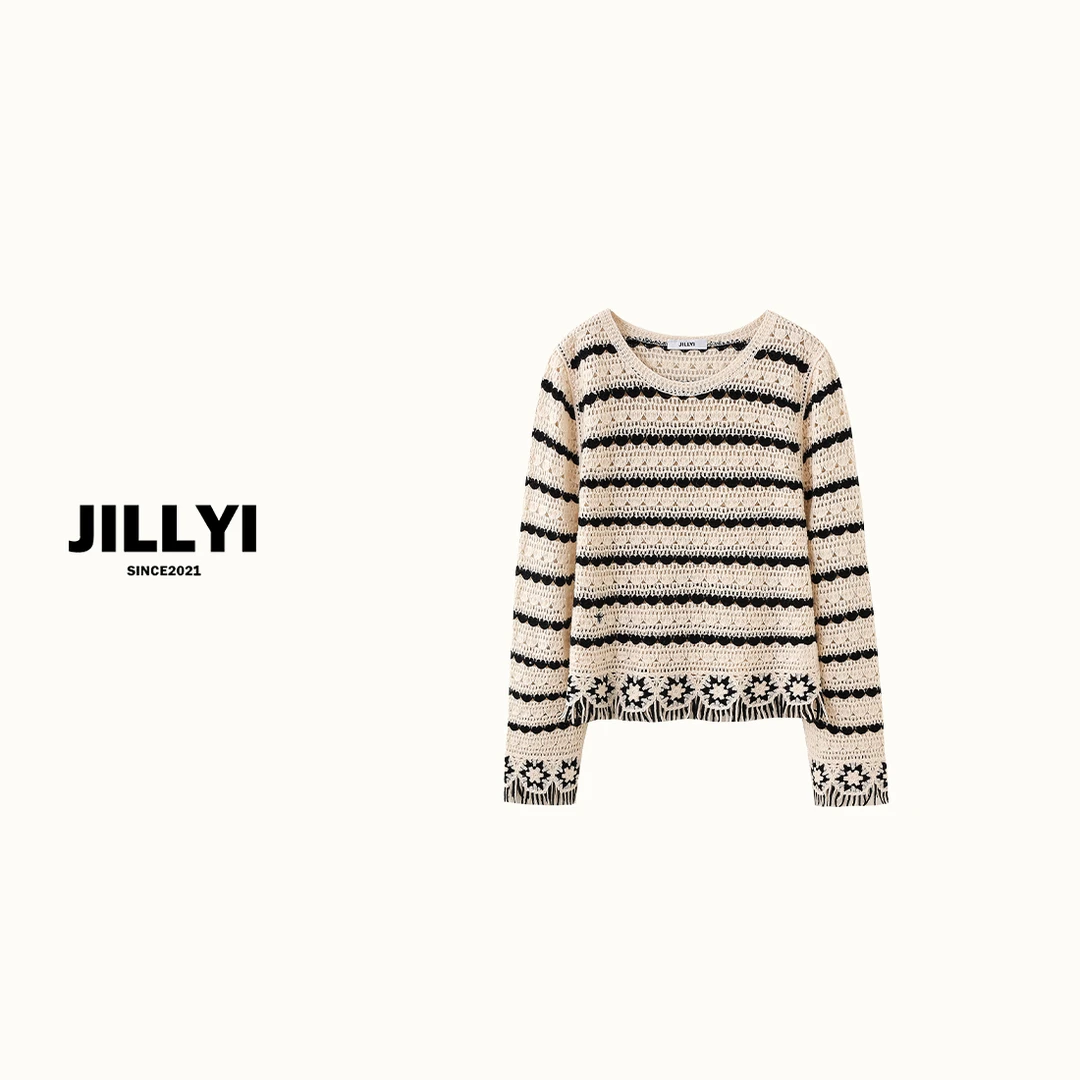 jillyi【条纹甜心】撞色镂空条纹圆领针织毛衣流苏下摆秋冬套头女款