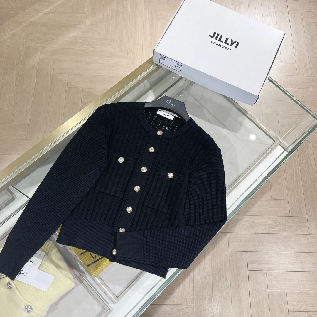 jillyi【午夜星光】纯色黑小香风针织毛衣秋季显瘦休闲气质秋款