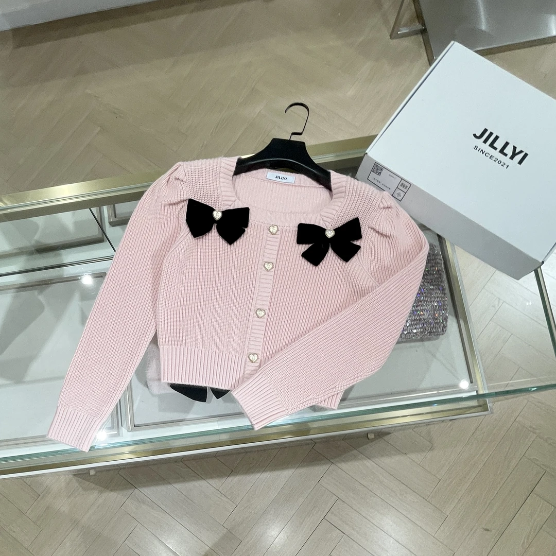 【JILLYI 公主粉】粉色公主袖蝴蝶结针织毛衣显白时尚简约韩系秋冬