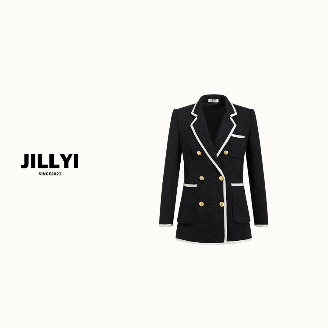 jillyi【学姐穿搭】白边深蓝色学院风外套时尚休闲毛呢百搭小香风