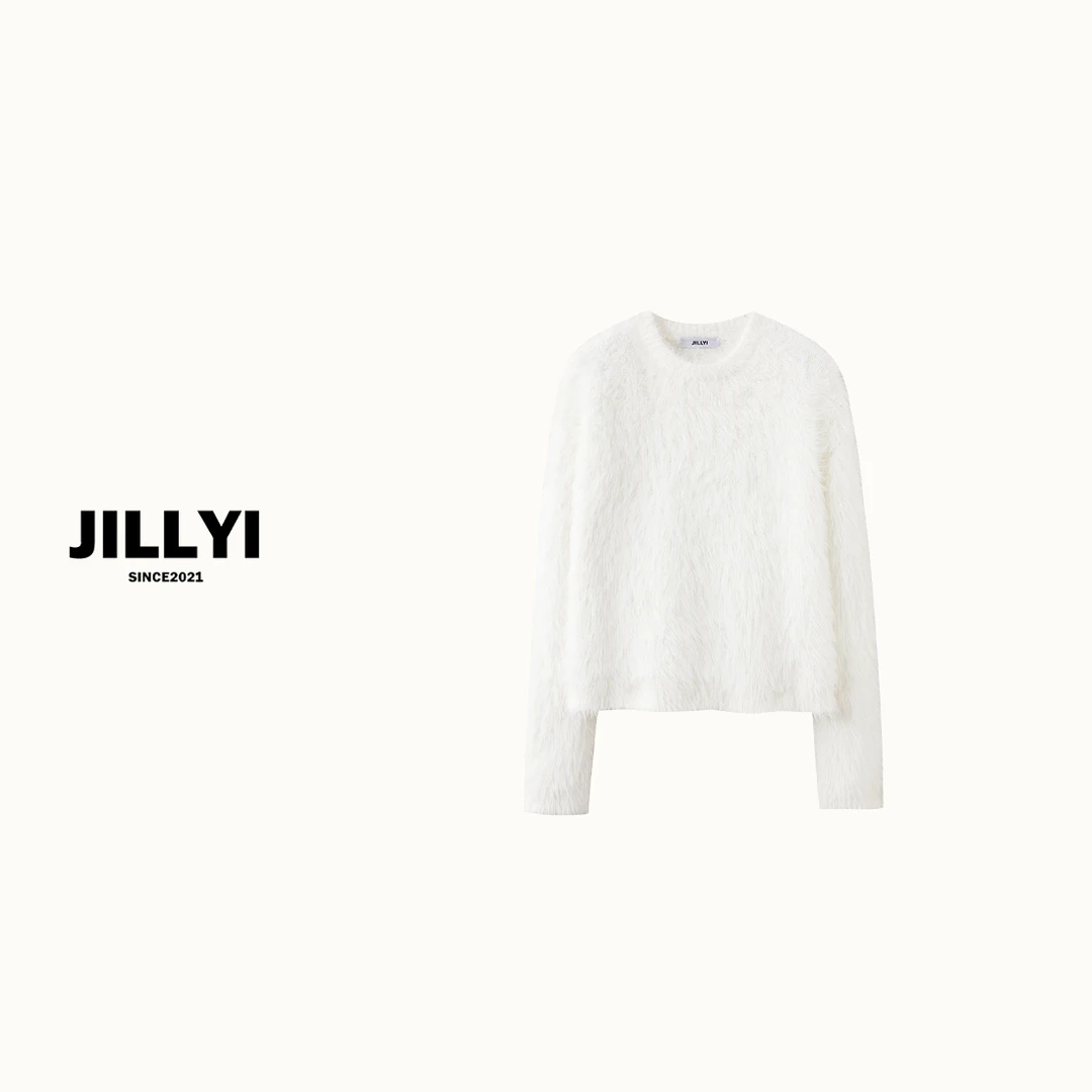 jillyi【韩系女主】白色圆领毛毛简约秋季时尚百搭套头打底针织衫