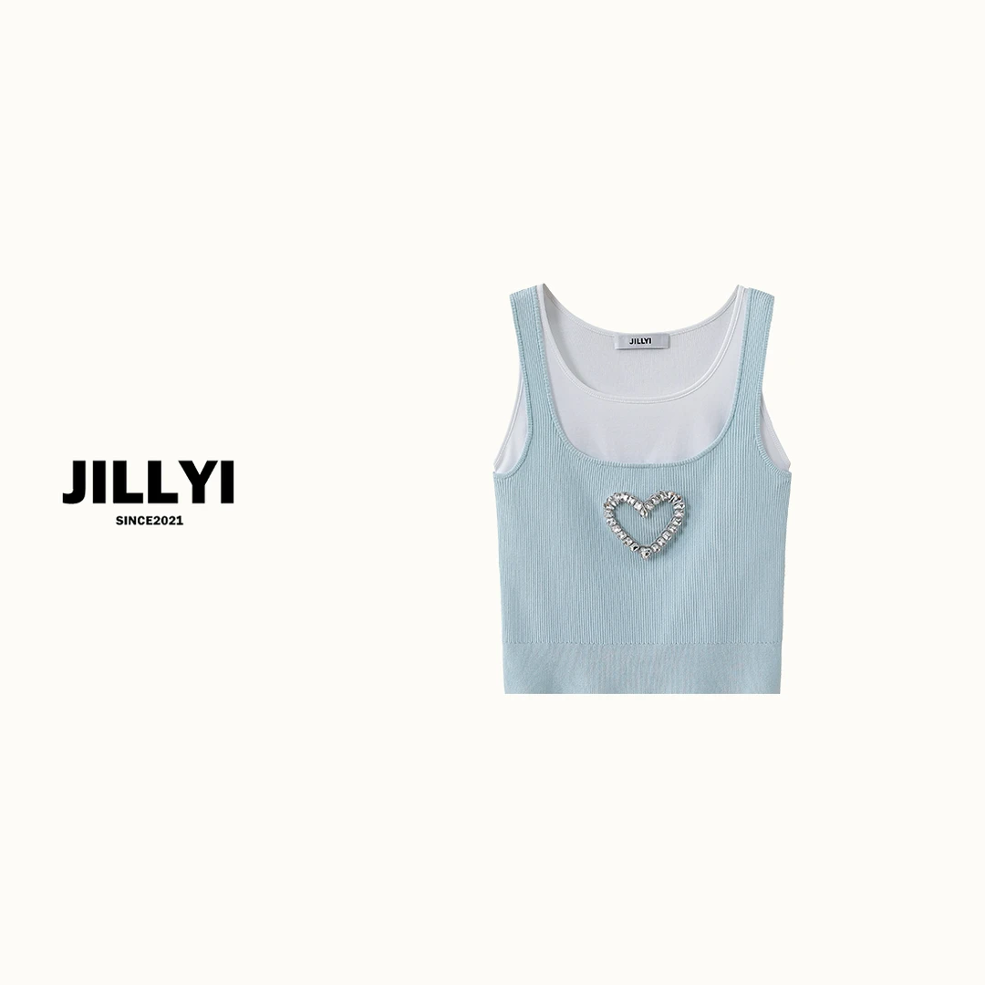 JILLYI珠海店【浪漫海岸】假两件撞色浅蓝色女背心打底时尚夏款无袖