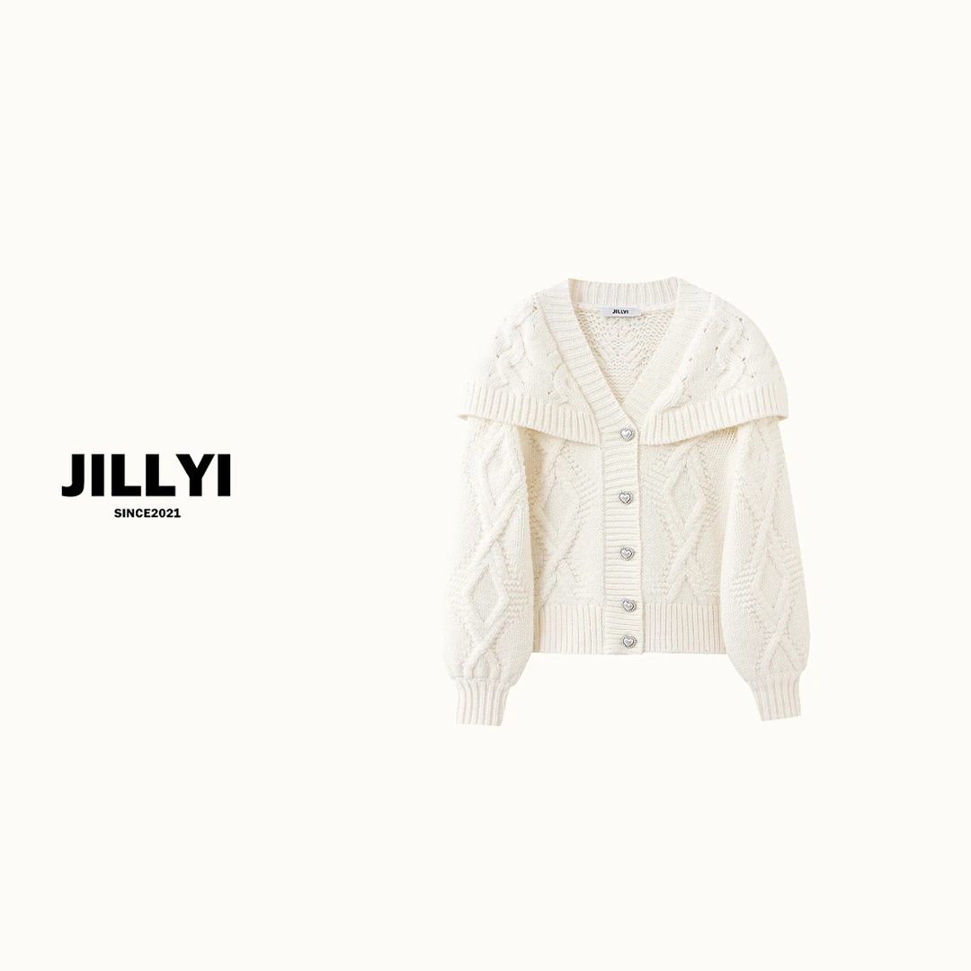 jillyi【白色恋歌】白色洋气时尚镂空披肩领爱心扣纯色百搭针织开衫
