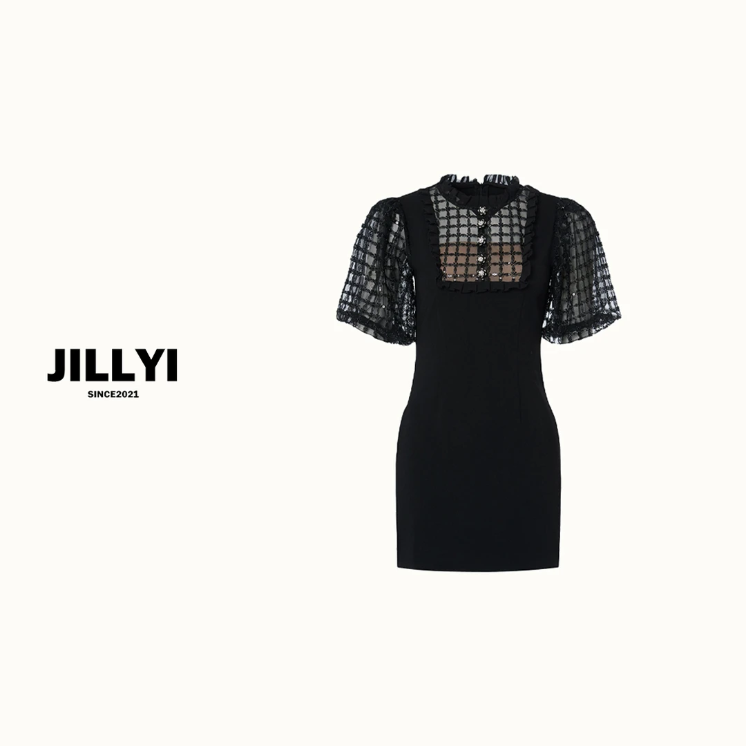 jillyi【蕾丝公主】时尚泡泡袖气质镂空蕾丝立体女装a字收腰连衣裙