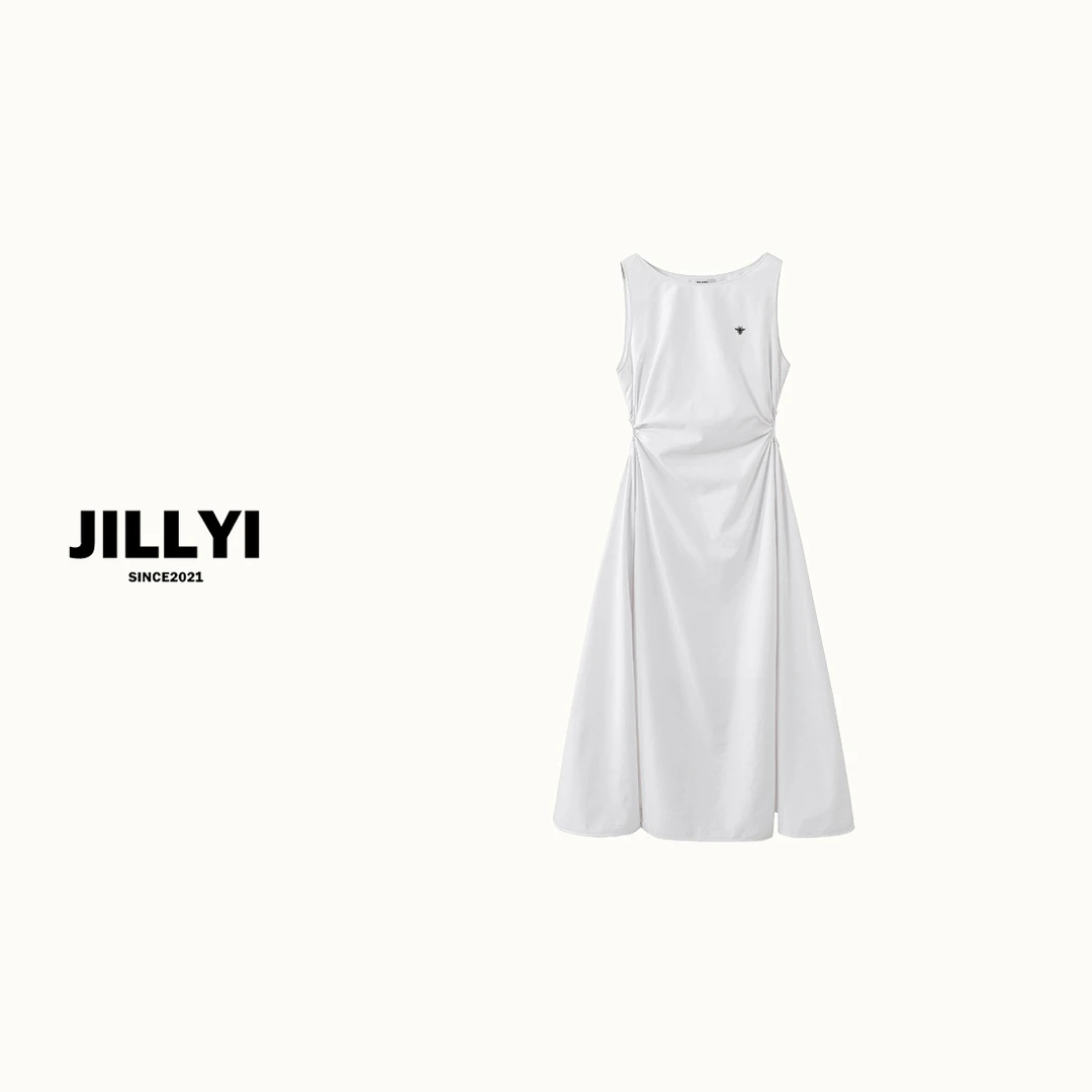 JILLYI南山店【西米露】夏季气质时尚纯色收褶收腰小蜜蜂刺绣连衣裙