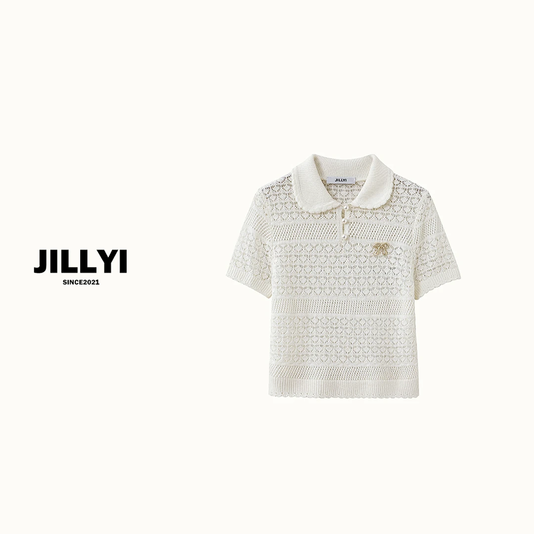jillyi【茉莉鎏金】镂空奶油色翻领毛衣针织衫短袖白色时尚休闲夏季