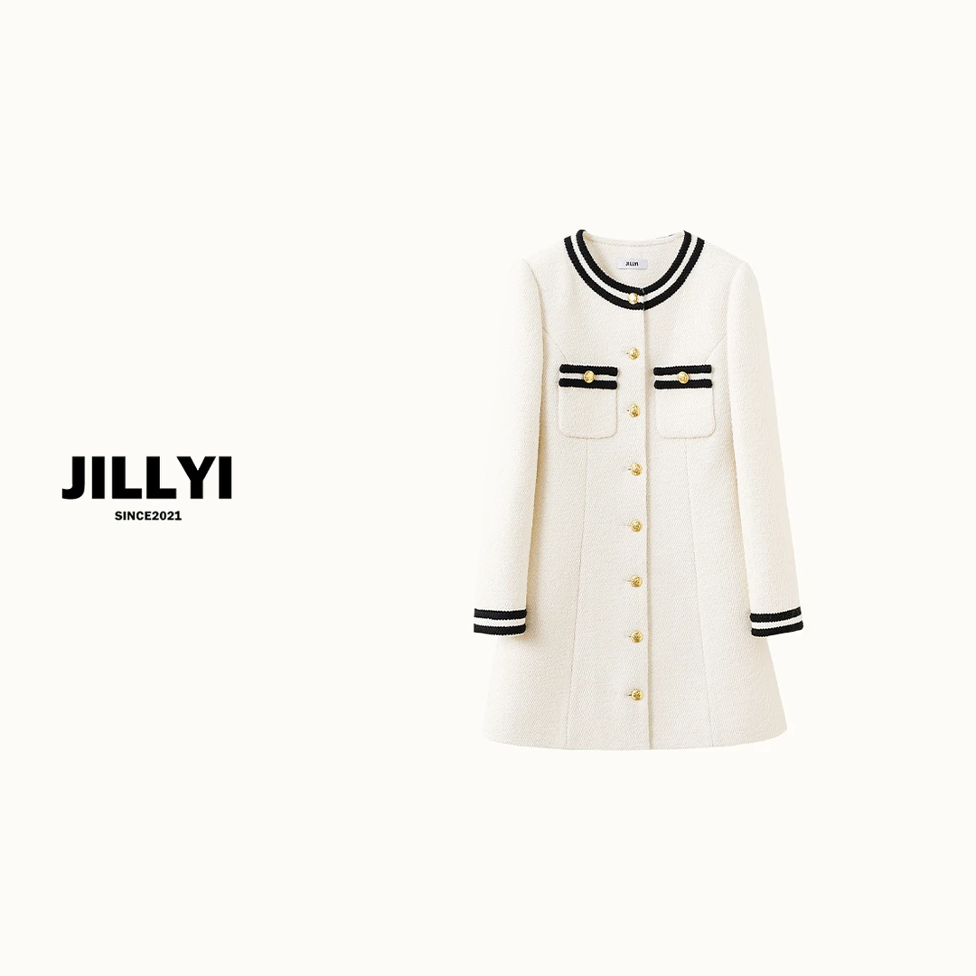 jillyi【纯色之境】奶油白拼黑色单排扣中长款粗花呢连衣裙秋冬百搭
