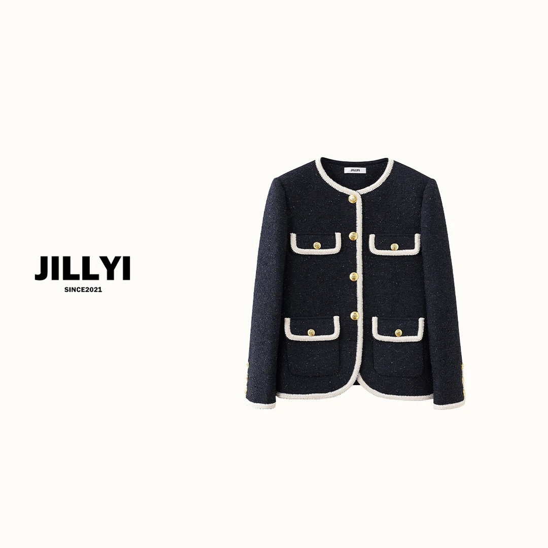 jillyi【黑白胶片】黑白拼色小香风圆领单排金色扣复古时尚毛呢外套