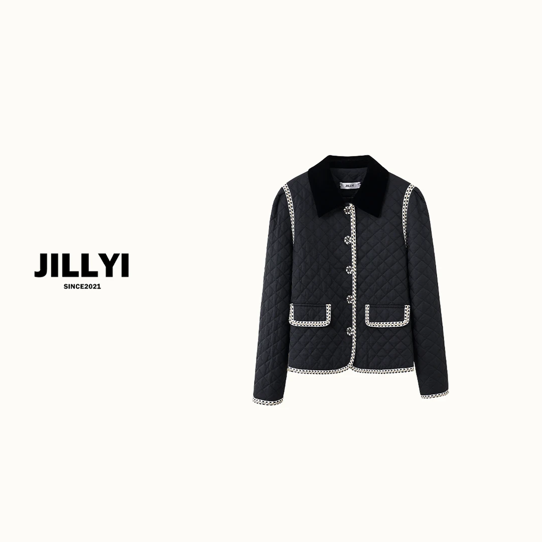 jillyi【质感小香】黑色丝绒领织带棉服小香风气质时尚女士翻领