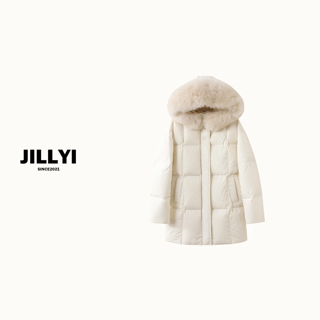 jillyi【奶油麻薯】白色毛毛领收腰加厚中长款羽绒服冬季保暖时尚