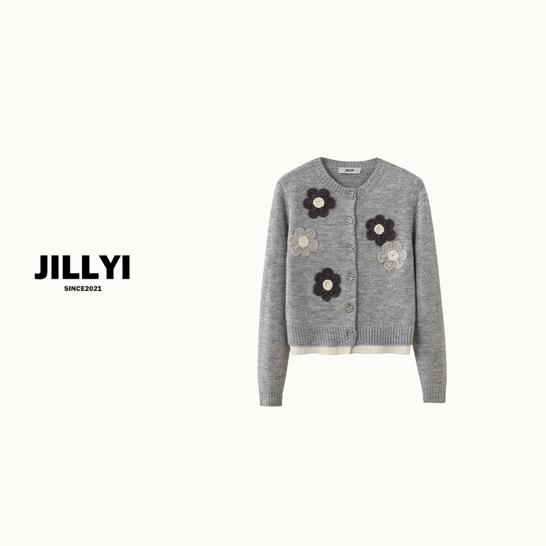 jillyi【灰调季节】灰色圆领白色下摆拼接花朵刺绣秋季针织开衫