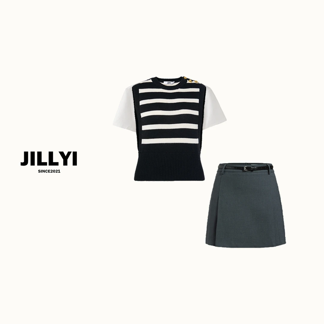 jillyi【春日假期】D小姐条纹黑白休闲设计感背心简约半裙套装秋