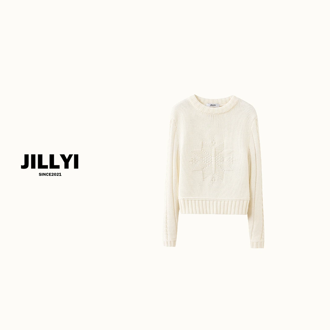 jillyi【初雪花瓣】奶油色系圆领雪长袖毛衣女士时尚针织秋冬提花