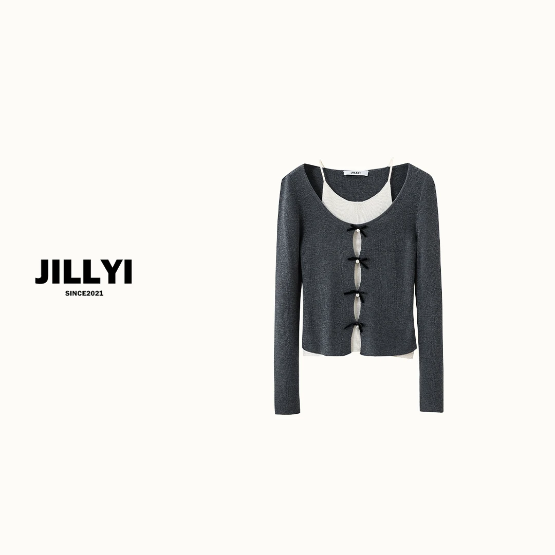 jillyi【蝴蝶少女】撞色小蝴蝶结长袖针织衫气质时尚设计师圆领