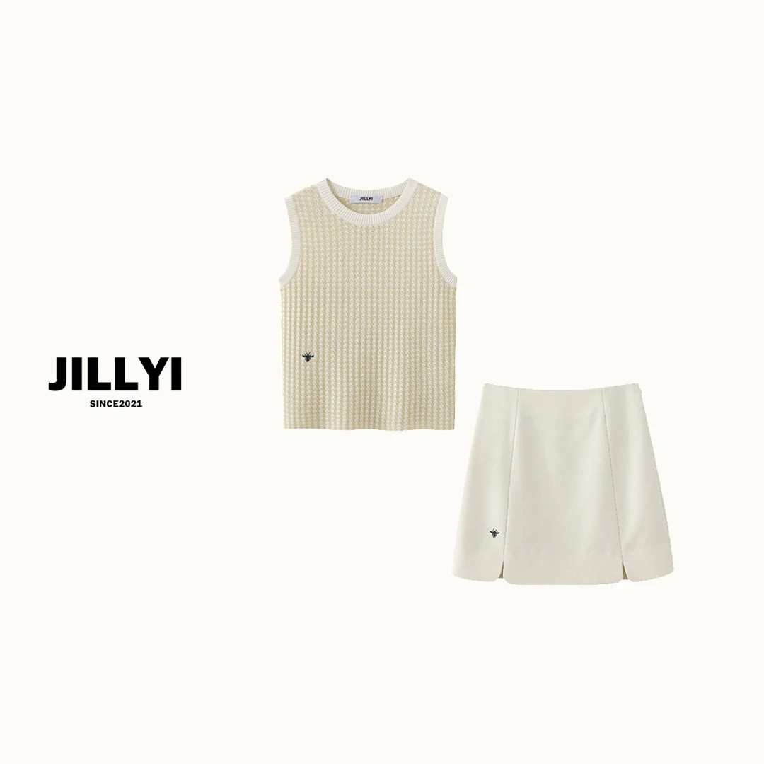 jillyi【鎏金蜜蜂】+【简约刺绣】轻奢休闲风套装针织时尚夏季千鸟格