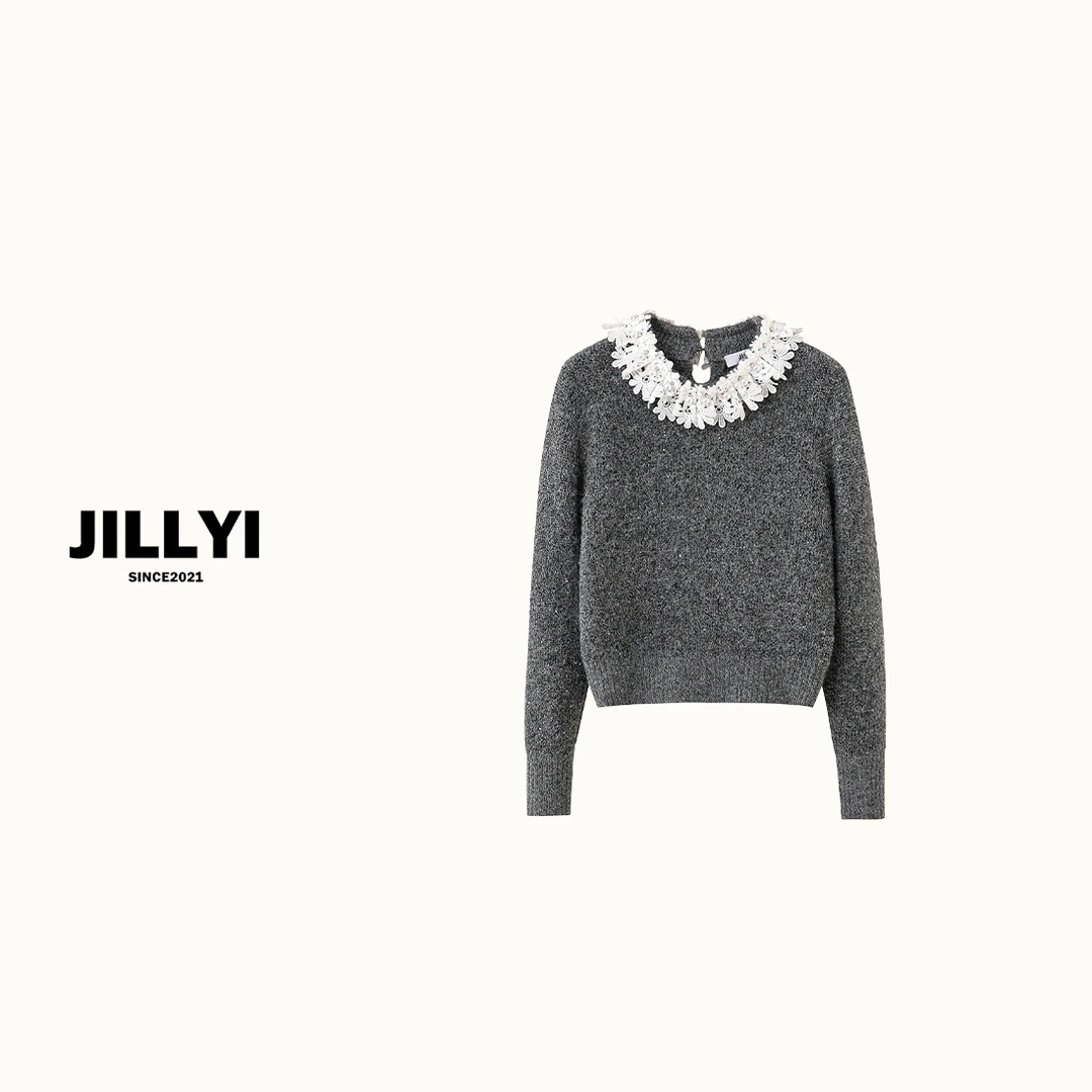 jillyi【花朵泡沫】灰色圆领拼接蕾丝花瓣秋季静奢时尚针织衫
