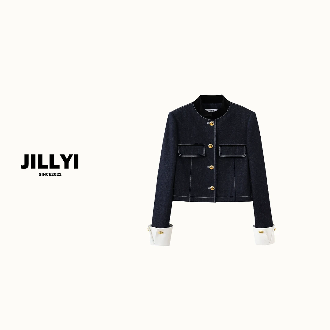jillyi【牛仔计划】经典牛仔时尚白色拼接袖口单排金色扣百搭外套