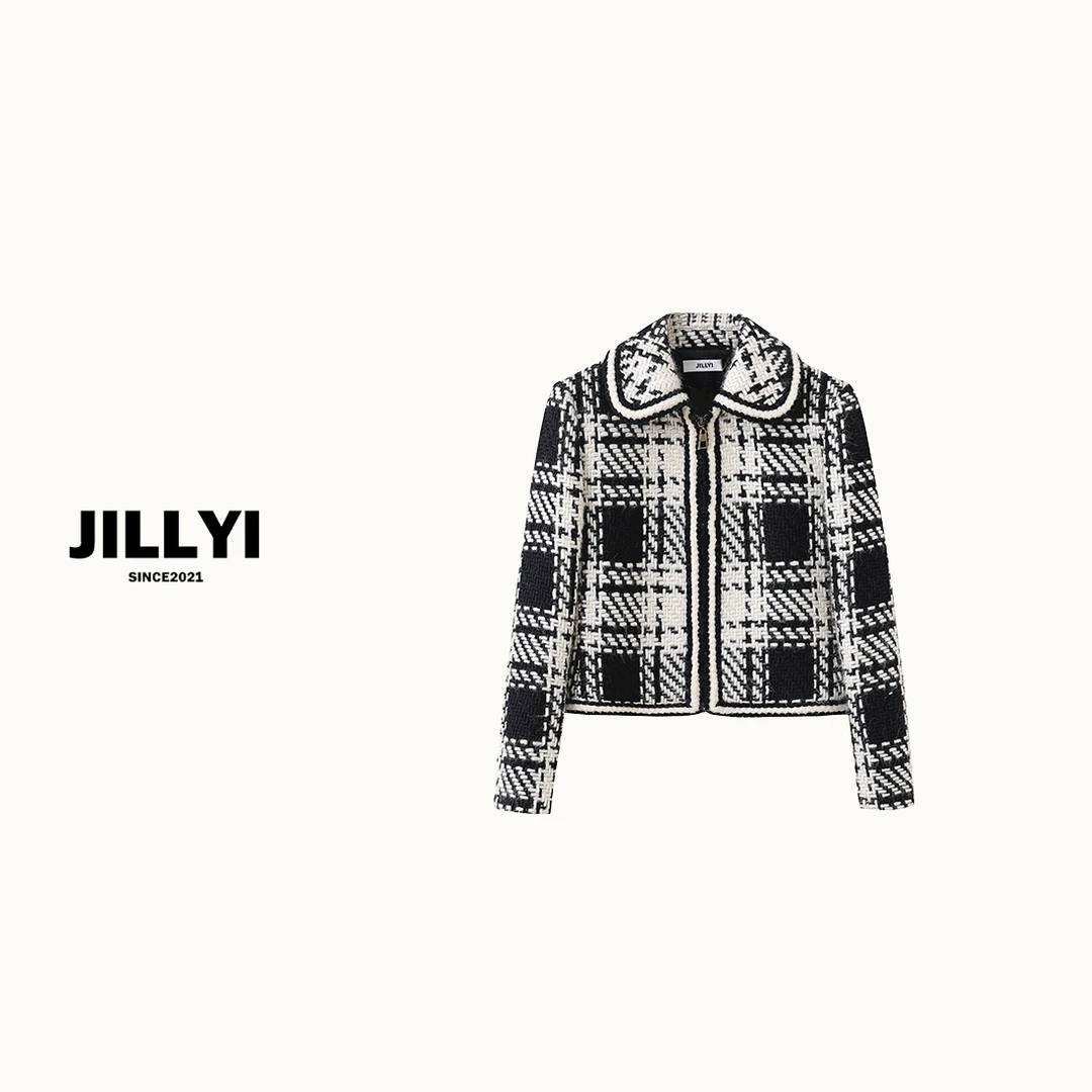 jillyi【黑白格】黑白格子外套气质时尚大翻领版本家粗花呢秋冬