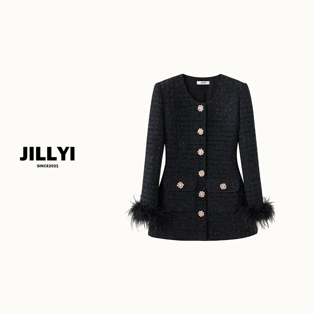 jillyi【优雅演出】黑色粗花呢连衣裙毛毛细节轻奢简约金扣时尚
