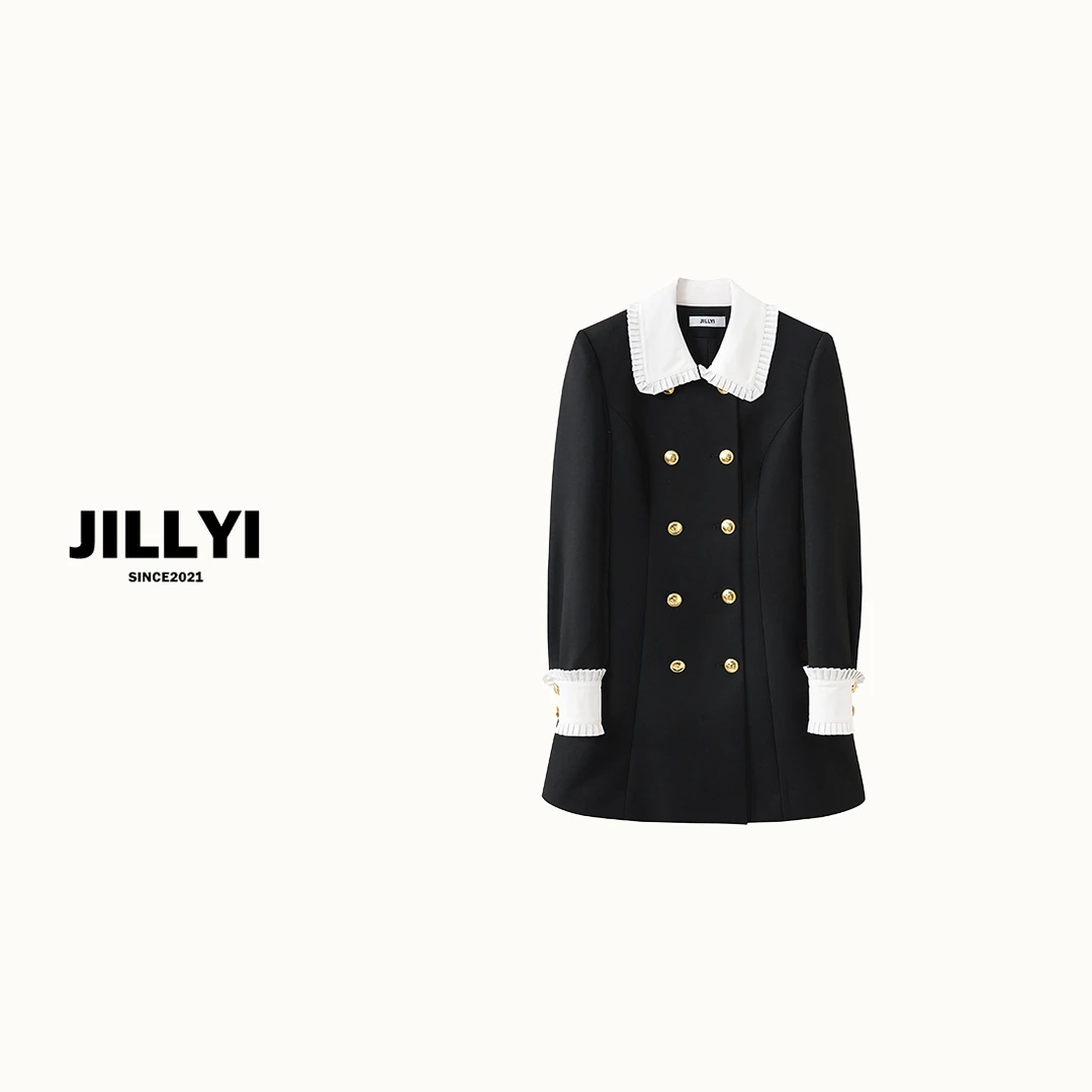 jillyi【小公主】黑色翻领撞色连衣裙名时尚媛长款气质拼接小香风