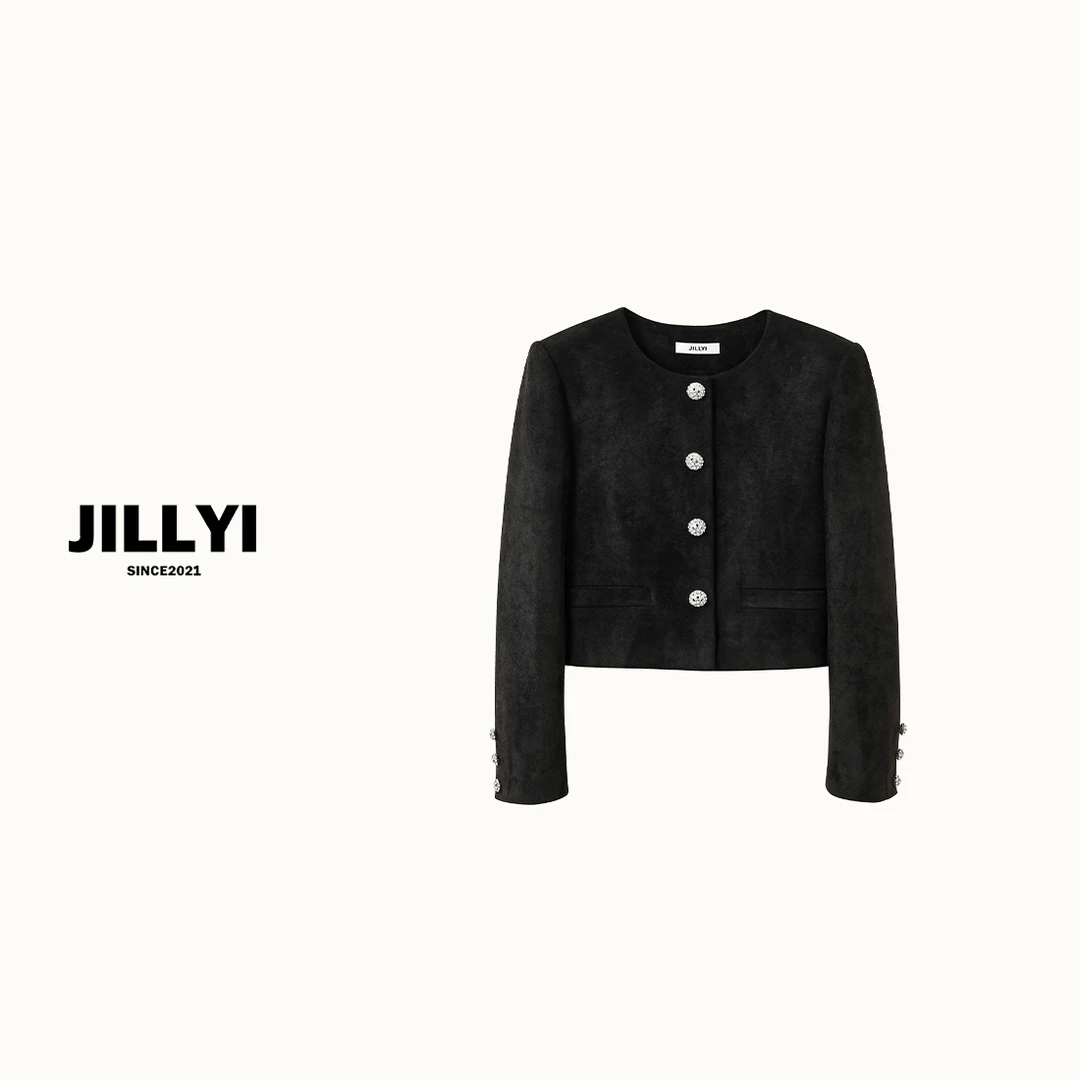 jillyi【黑茶钻石】黑色圆领钻石扣外套小香风气质短款时尚秋冬