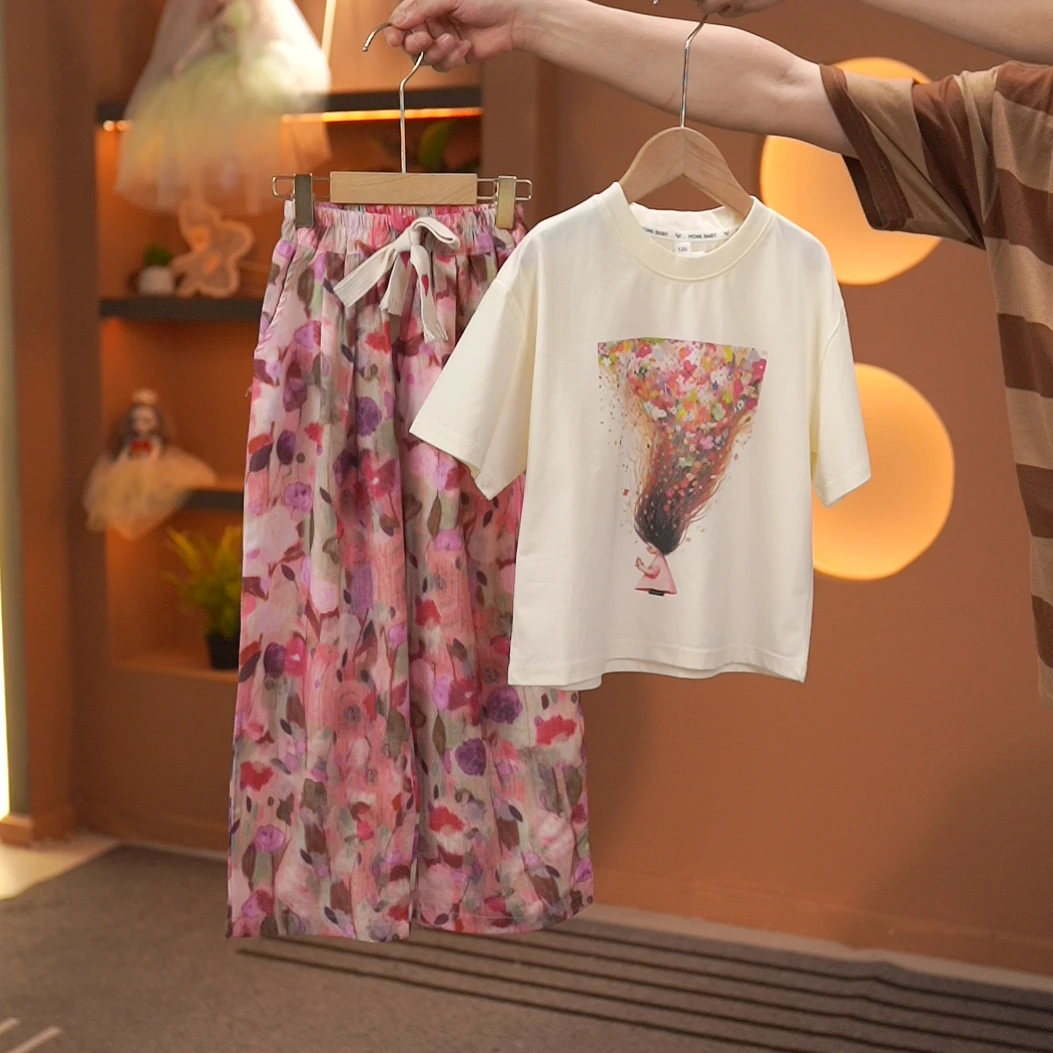 夏款碎花套装新款高货透气粉色童装儿童