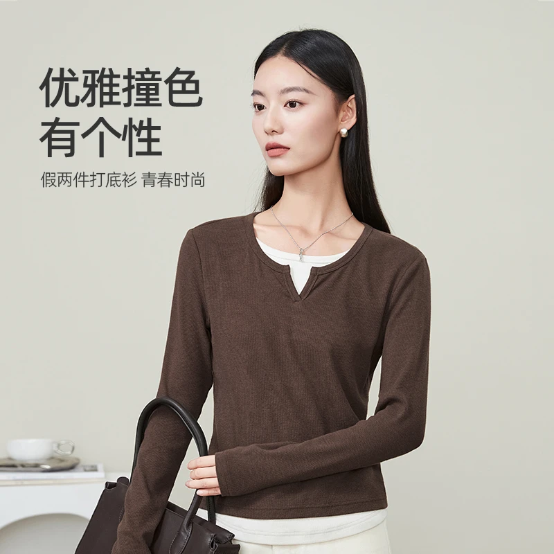 逸阳秋新款时尚撞色针织假两件长袖t恤女修身显瘦打底衫上衣3636
