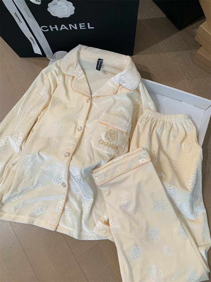 【金丝绒】香水茶花睡衣女秋冬长袖加绒外穿保暖家居服套装