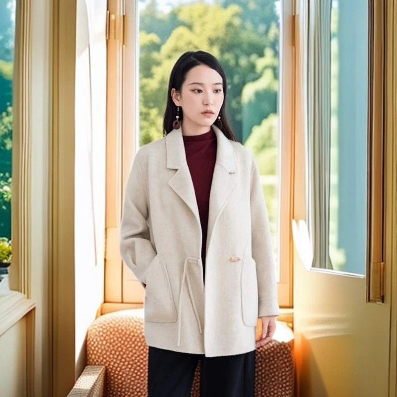 高端牛角扣双面羊毛大衣女中长款时尚减龄毛呢外套