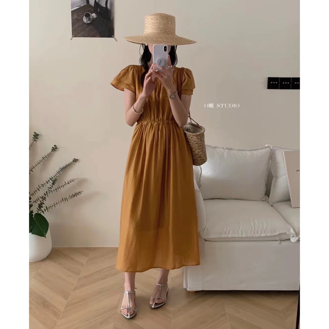 【勒斯庄园】韩系夏日温柔风圆领纯色时尚收腰泡泡袖女显瘦长款裙子