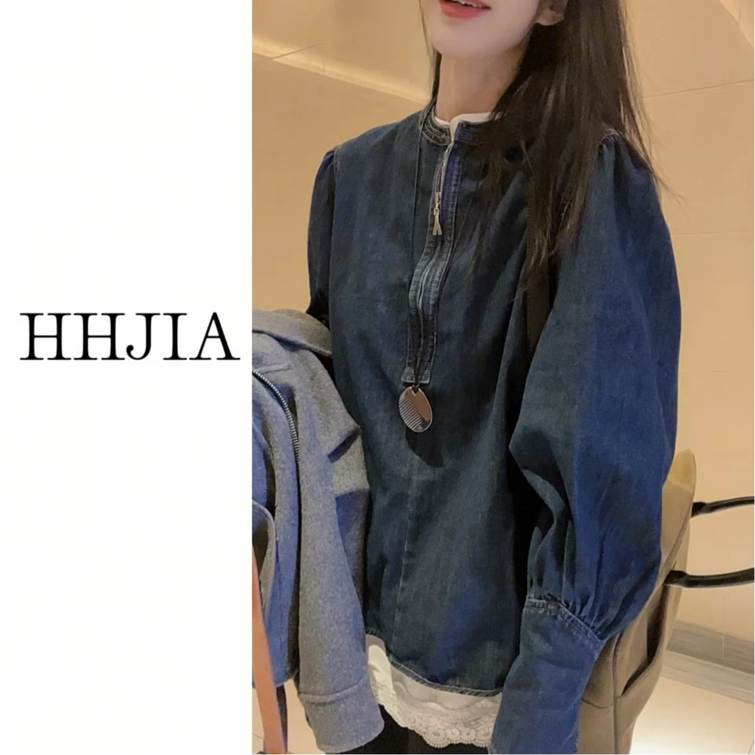 【慧慧家】韩国.2024定制款 韩系时尚圆领半拉链牛仔衬衣