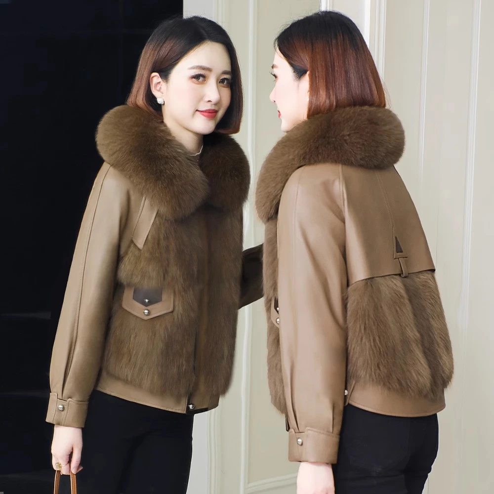 皮草外套女狐狸毛拼接绵羊皮一体2023年冬新款大衣皮草外套小个子