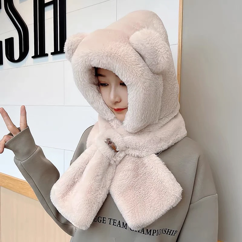 可爱小熊帽子围巾一体女冬季韩版百搭加厚保暖骑行电动车护耳围脖