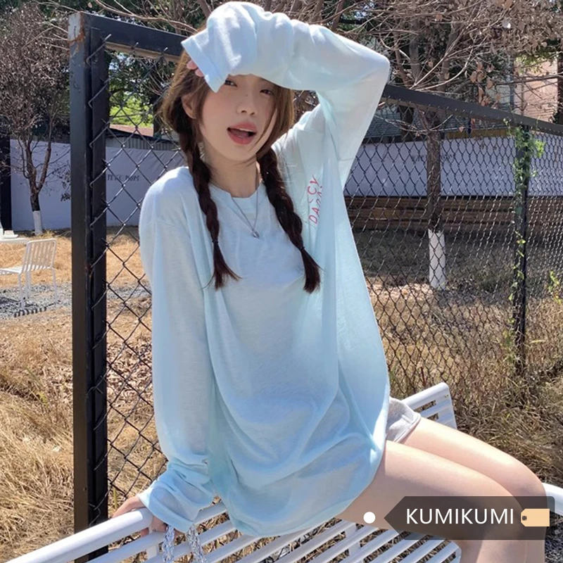 慵懒风松弛感蓝色上衣字母印花罩衫T恤女夏季薄款休闲宽松防晒衫